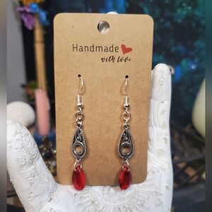 Handmade Silver and Red Austrian Crystal Teardrop Earrings, Sterling Silver Hook